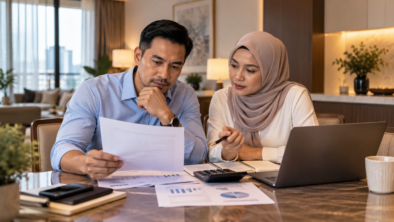 Pasangan Malaysia menyemak dokumen kewangan dan komitmen bulanan bersama