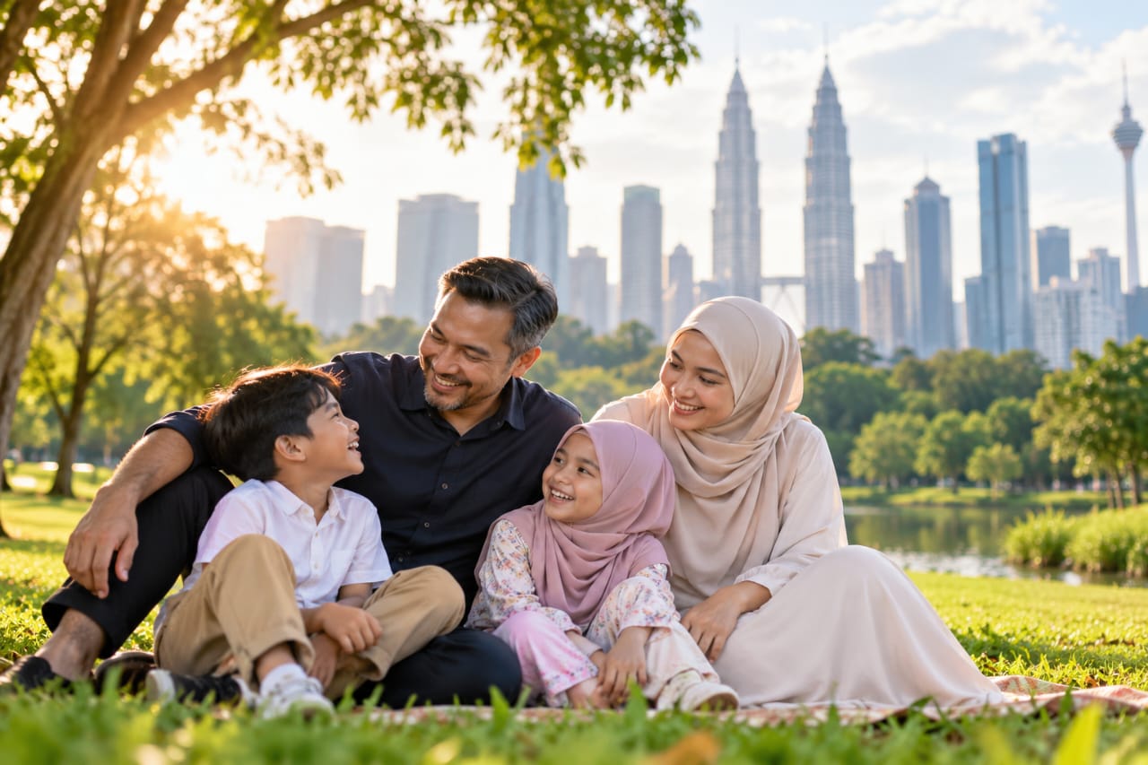 Keluarga Malaysia meluangkan masa bersama dengan latar bandar Kuala Lumpur